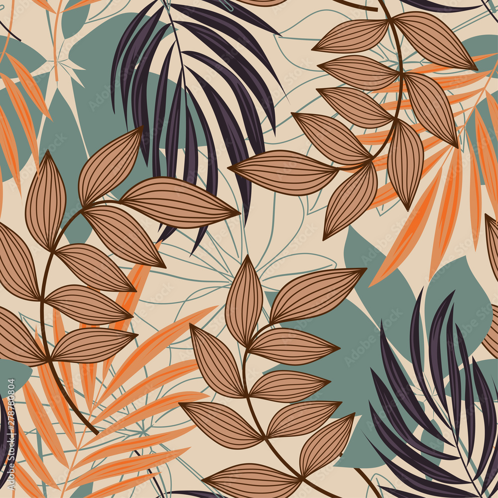 Trend abstract seamless pattern with colorful tropical leaves and plants on beige background. Vector design. Jungle print. Floral background. Printing and textiles. Exotic tropics. Fresh design.