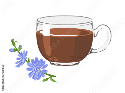 chicory drink in a glass cup with a blue flower isolated on white background. Vector illustration of healthy coffee substitute in cartoon flat simple style.
