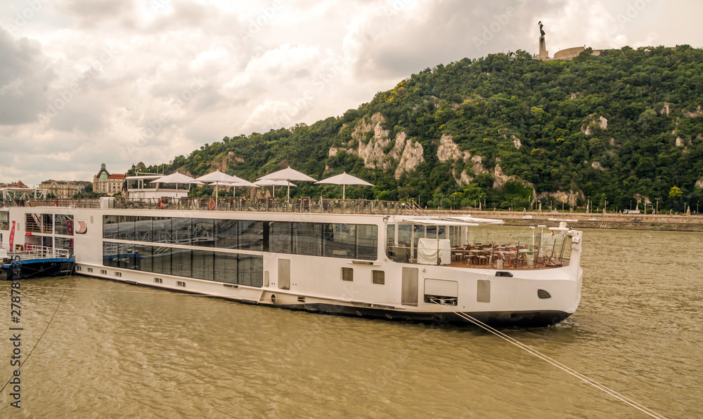 Ship in the Danubio river in Budapest in a cloudy day.