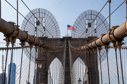 Close up view of Brooklyn Bridge in summer sunny daylight