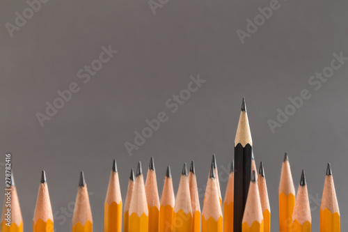 Foto Black pencil protruding out of crowd of simple ones