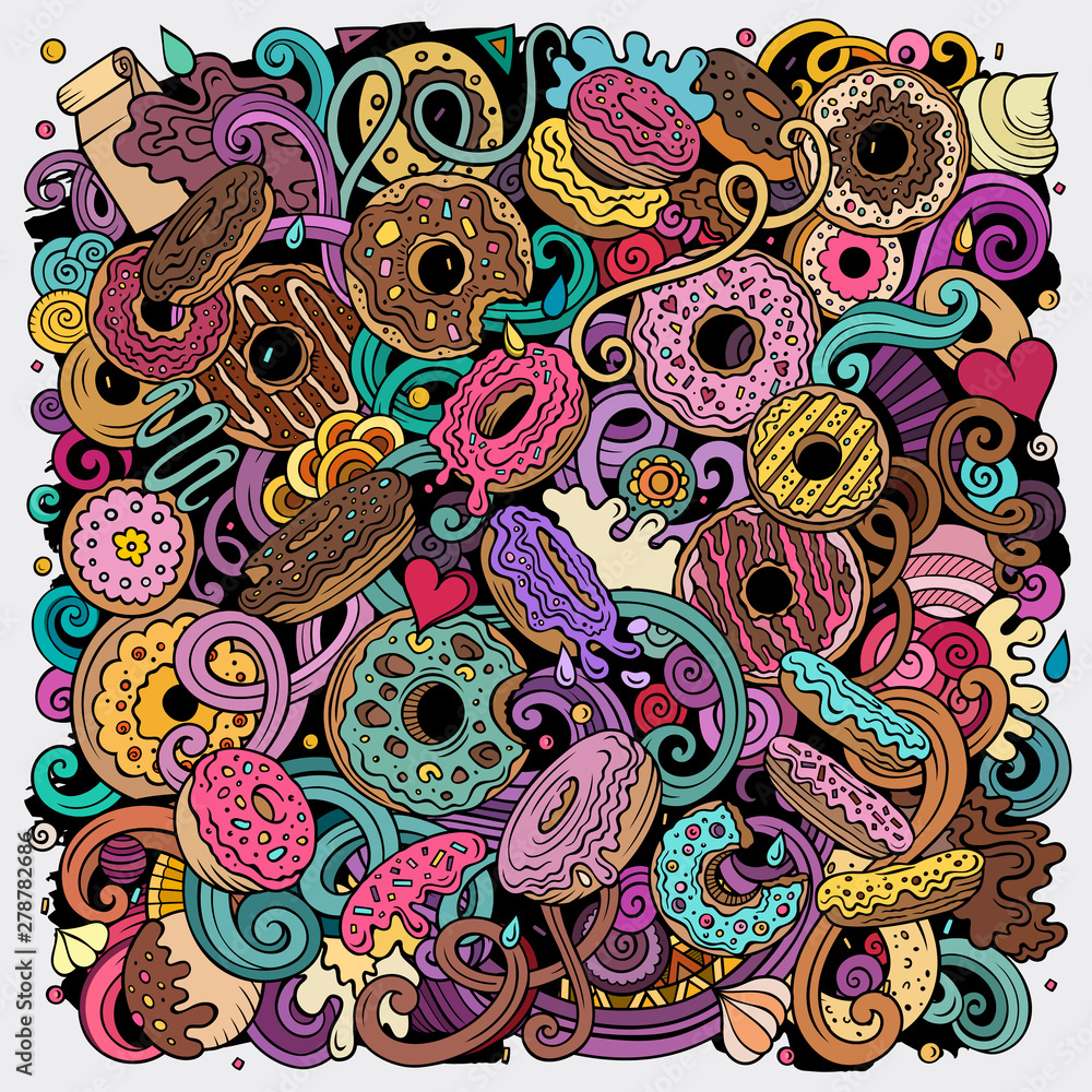Donuts hand drawn vector doodles illustration. Sweets poster design