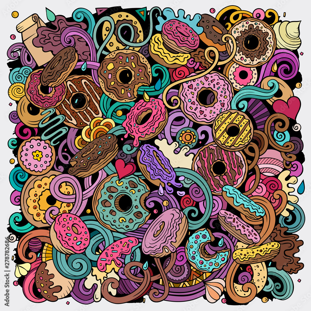 Donuts hand drawn vector doodles illustration. Sweets poster design Donuts hand drawn vector doodles illustration. Sweets poster design