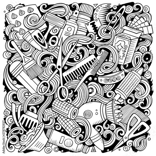 Hair salon hand drawn vector doodles illustration. Hairstyle poster design