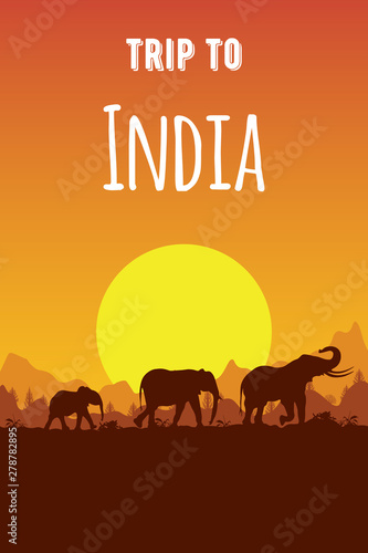 Silhouette of Indian  Asian family of elephant at sunset  mountains and nature. Vector background for travel flyers and brochures. Template for tourist poster or banner in flat style. Place for text.