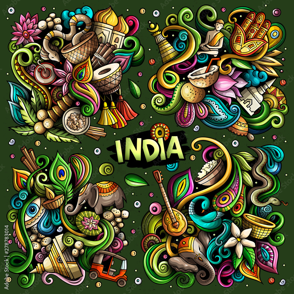 Colorful vector hand drawn doodles cartoon set of India combinations