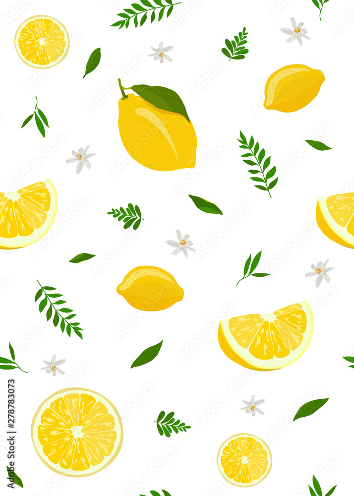 Lemon fruits and slice seamless pattern with cute leaves on white background. Citrus fruit vector illustration. Lemon fruits and slice seamless pattern with cute leaves on white background. Citrus fruit vector illustration.