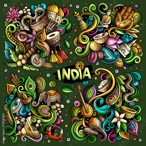 Colorful vector hand drawn doodles cartoon set of India combinations