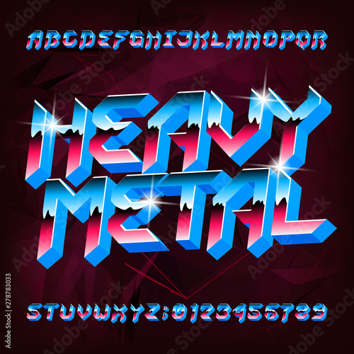 3D Heavy Metal alphabet font. Metal effect shiny letters and numbers in 80s style. Stock vector typeface for your design. photo