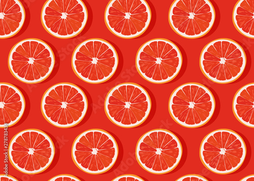 Orange fruits slice seamless pattern on orange background with shadow. Grapefruit citrus fruit vector illustration.