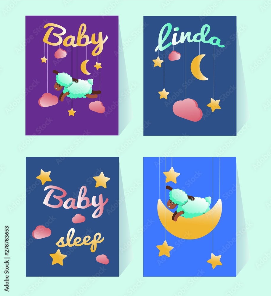 Template baby shower. Postcards with a sheep, moon, stars, pink clouds. Sample text. Decoration nursery. Party cards. Green sleepy lamb. Poster for wall decor. cartoon character. For print, scrapbook Template baby shower. Postcards with a sheep, moon, stars, pink clouds. Sample text. Decoration nursery. Party cards. Green sleepy lamb. Poster for wall decor. cartoon character. For print, scrapbook