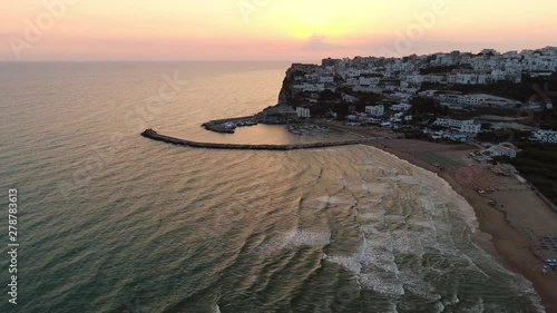 Aerial view of Peschici  sunrise, a country on the sea in Puglia in Italy
