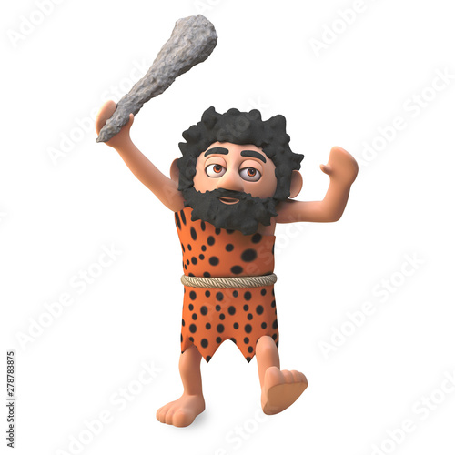 Saveage 3d cartoon caveman character chasing his prey with mighty club raised in the air, 3d illustration photo