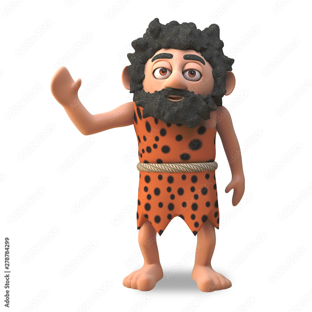 Harmless caveman 3d cartoon character waves amiably with his right hand, 3d illustration