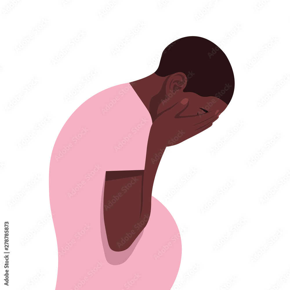 A pregnant African woman in despair. Profile of a sobbing girl on a white background. Nervous breakdown. Vector flat illustration A pregnant African woman in despair. Profile of a sobbing girl on a white background. Nervous breakdown. Vector flat illustration