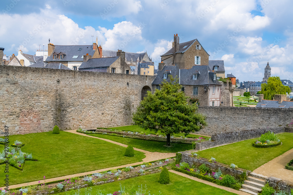 Vannes, France, medieval city in Brittany, view of the ramparts garden with flowerbed 