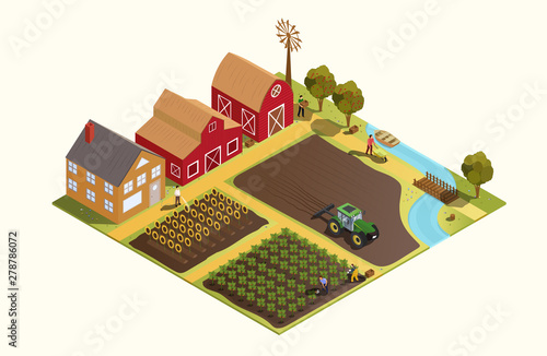 Cartoon scale model of a farm with tractor, orchard and barns with a farmer working in a field alongside a river isolated on white