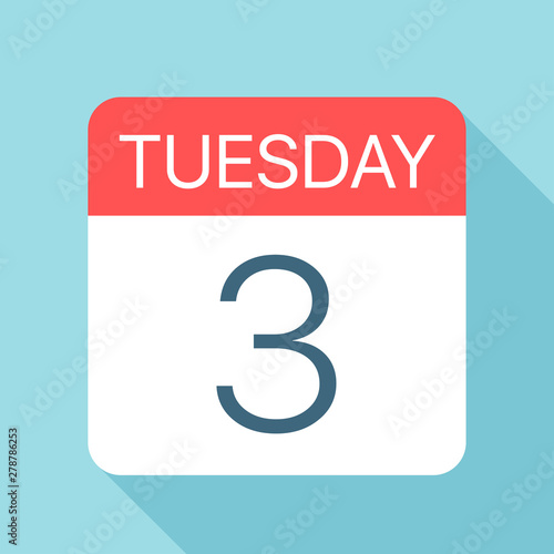 Tuesday 3 - Calendar Icon. Vector illustration of week day paper leaf. Calendar Template