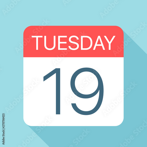 Tuesday 19 - Calendar Icon. Vector illustration of week day paper leaf. Calendar Template