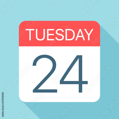 Tuesday 24 - Calendar Icon. Vector illustration of week day paper leaf. Calendar Template