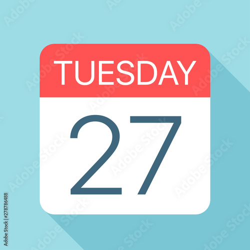 Tuesday 27 - Calendar Icon. Vector illustration of week day paper leaf. Calendar Template