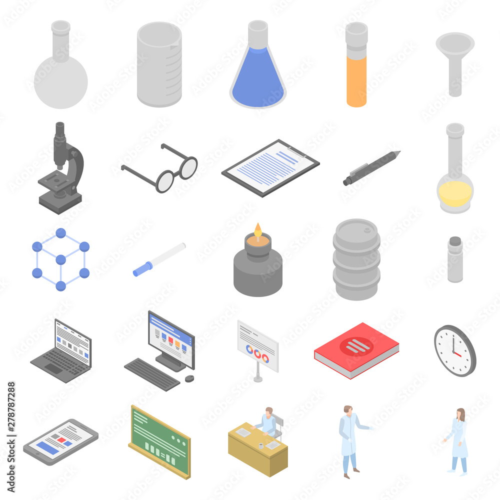 Chemical laboratory experiment icons set. Isometric set of chemical laboratory experiment vector icons for web design isolated on white background Chemical laboratory experiment icons set. Isometric set of chemical laboratory experiment vector icons for web design isolated on white background