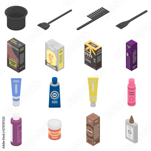 Hair dye icons set. Isometric set of hair dye vector icons for web design isolated on white background