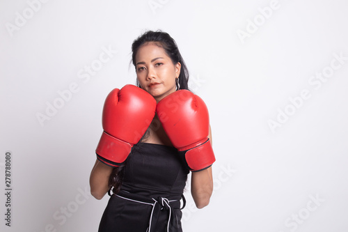 Young Asian woman with red boxing gloves.