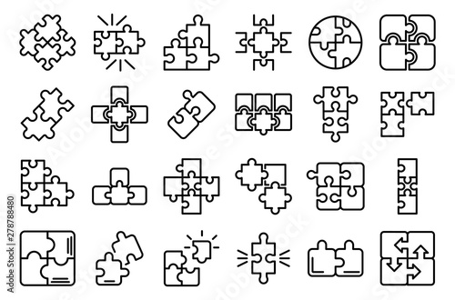 Jigsaw icons set. Outline set of jigsaw vector icons for web design isolated on white background