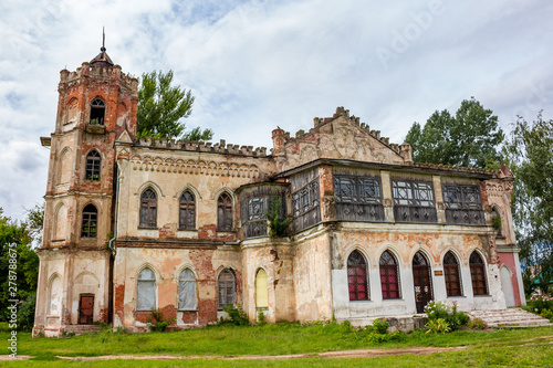 Neo-Gothic library 19th century in the estate Avchurino (Poltoratskiy) near Kaluga, eastern facade. Ferzikovsky District, Kaluzhskiy region, Russia - July 2019