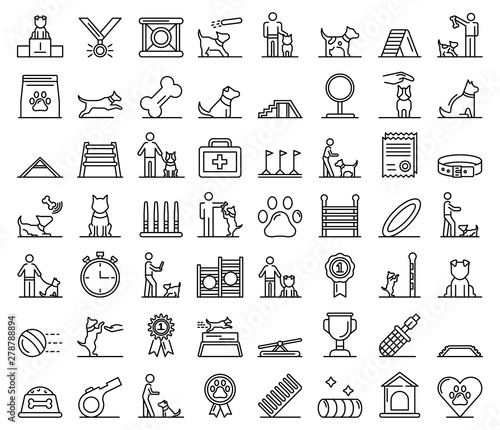 Dog training icons set. Outline set of dog training vector icons for web design isolated on white background