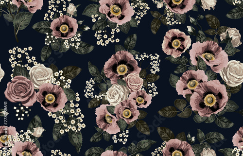 Elegant pattern of blush toned rustic flowers isolated in a solid background great for textile print, background, handmade card design, invitations, wallpaper, packaging, interior or fashion designs.