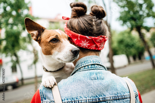Jack Russell Terrier in the park outdoors, dog in the arms of man