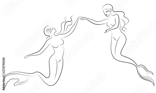 Silhouette of two mermaids. Beautiful girls swim in the water  dance. The lady is young and slim. Fantastic image of a fairy tale. Vector illustration