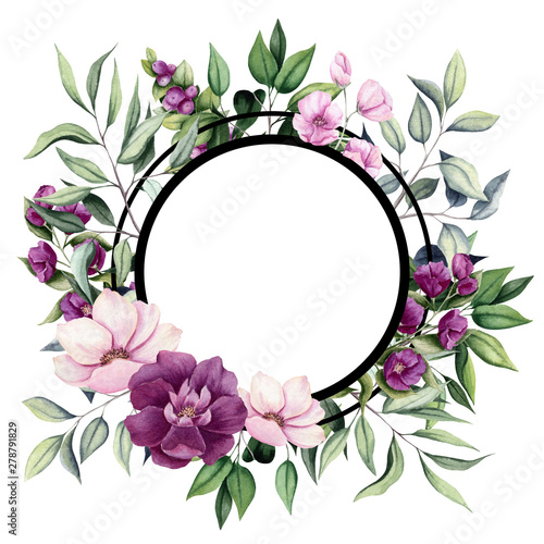 Frame with Watercolor Flowers, Herbs and Tree Branches