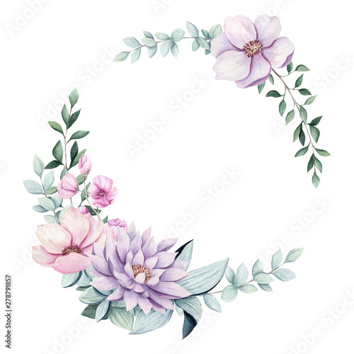 Wreath with Watercolor Flowers and Leaves © Nebula Cordata