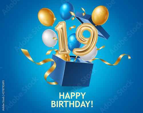 Happy Birthday banner with gift box, air balloons, gold ribbons