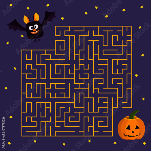 Help cute bat to find right his friend halloween pumpkin in labyrinth Vector illustration in cartoon flat style.