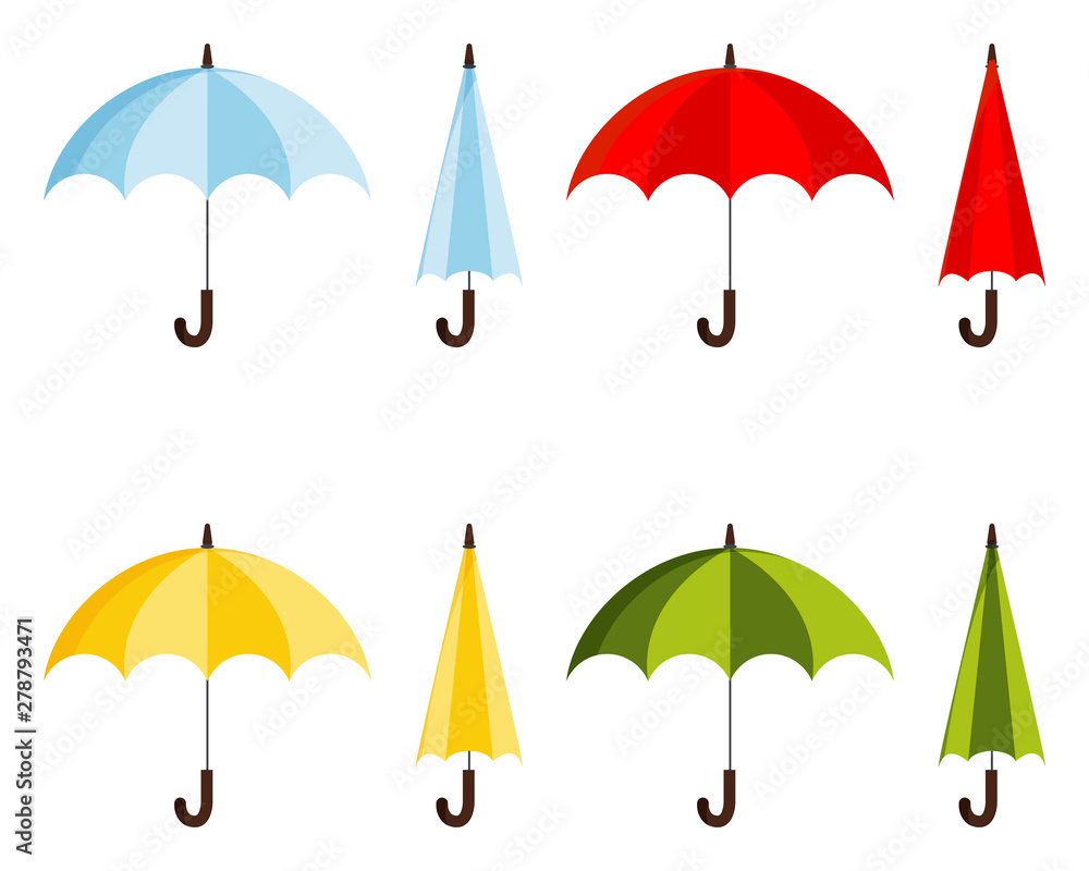 Set of colored flat design vector illustration of classic elegant opened and closed blue, red, yellow, green umbrella cane icon