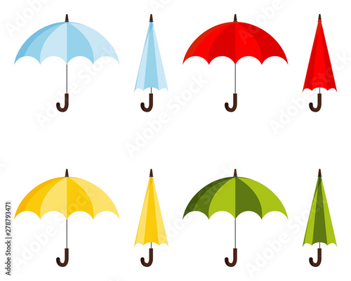 Set of colored flat design vector illustration of classic elegant opened and closed blue, red, yellow, green umbrella cane icon