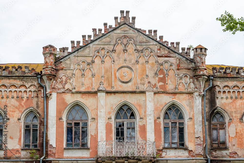 Neo-Gothic library 19th century in the estate Avchurino (Poltoratskiy) near Kaluga, fragments of the western facade. Ferzikovsky District, Kaluzhskiy region, Russia - July 2019
