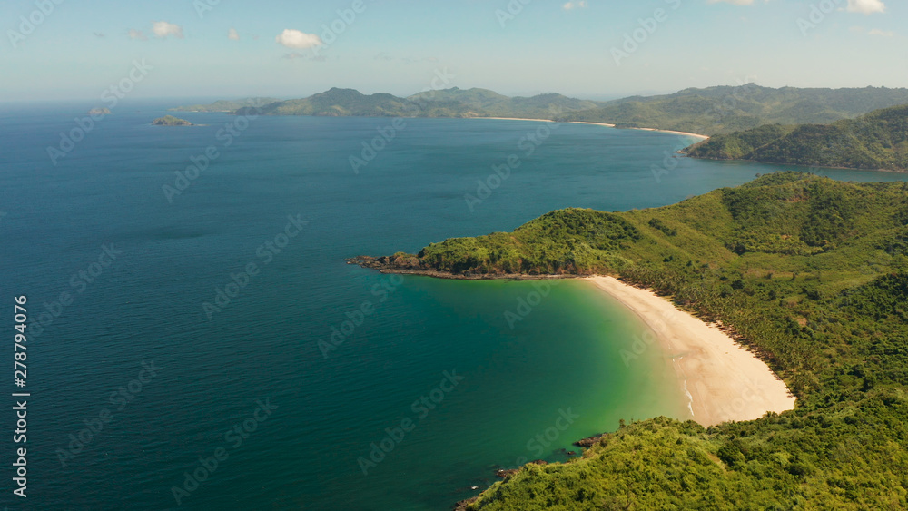 Tropical beach and clear blue water, aerial drone. El nido, Philippines, Palawan. Seascape with tropical island, ocean blue water. Summer and travel vacation concept