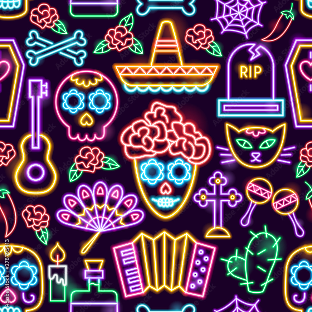 Day of the Dead Neon Seamless Pattern