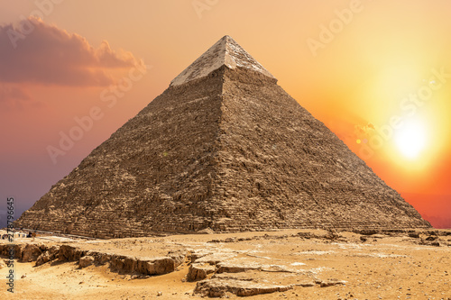 Famous Pyramid of Chephren and the sunset in Giza