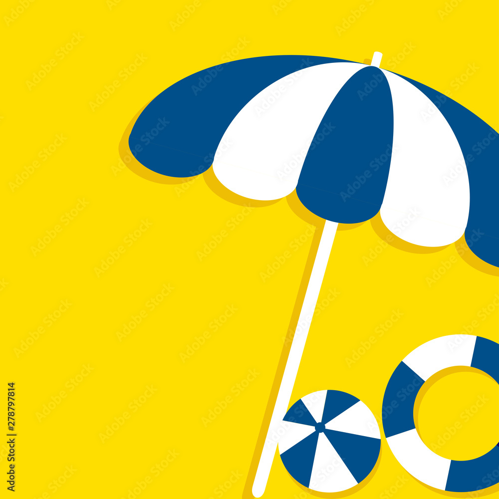 Summer Holiday banner illustration on yellow background. Vacation and travel concept. Umbrella, beach ball and lifebuoy ring. Flat style vector illustration. Summer Holiday banner illustration on yellow background. Vacation and travel concept. Umbrella, beach ball and lifebuoy ring. Flat style vector illustration.