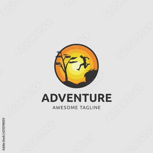 adventure logo with jumping man in the hill