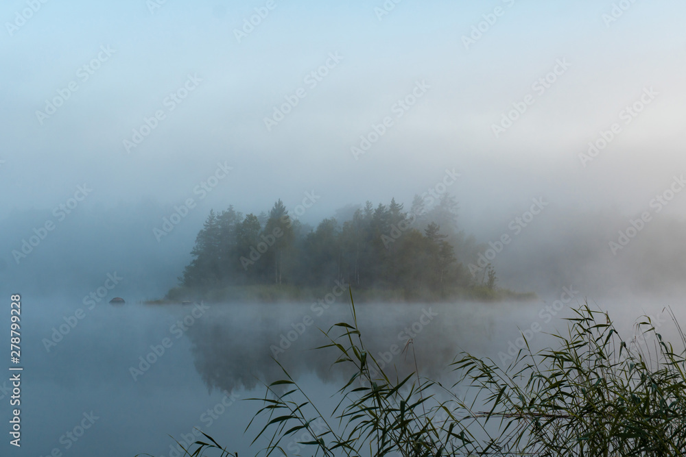Fototapeta premium Morning landscape on the lake. The fog is moving in calm water. Misty morning in the forest. Mystical atmosphere