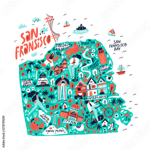 San Francisco creative travel map flat hand drawn illustration. American state tourist landmarks and famous places names lettering and doodle drawings. USA tourism poster cartoon concept