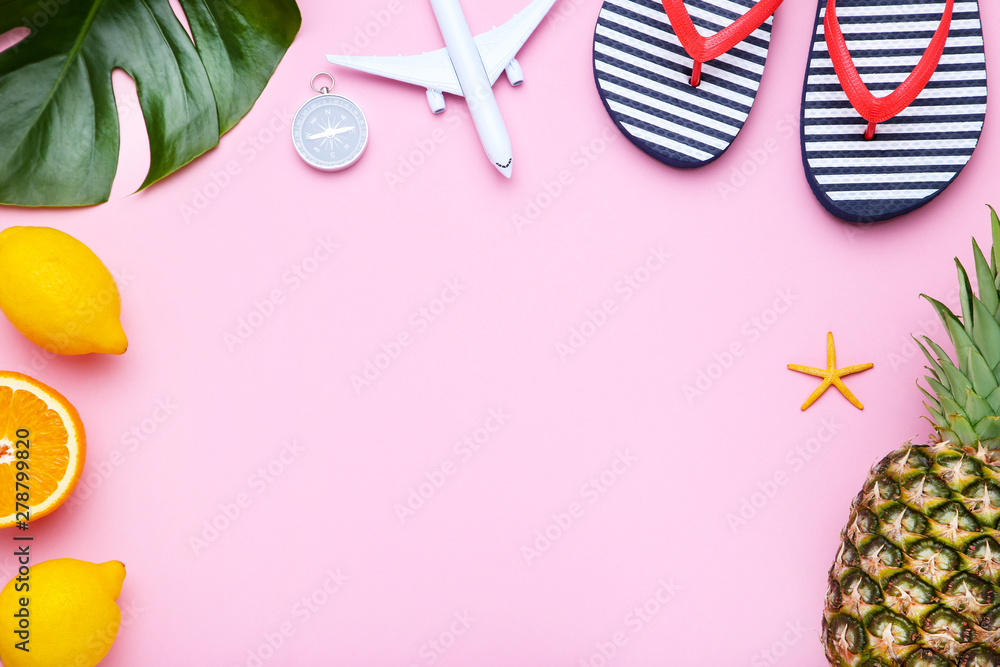 Fashion clothing with fruits and airplane model on pink background