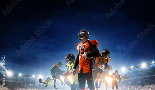 American football players fight for ball. Mixed media